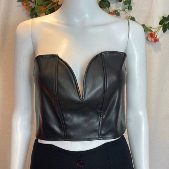 Micas Fierce Black Vegan Leather Strapless Bustier Crop Top‎ Size Small - Picture 2 of 6